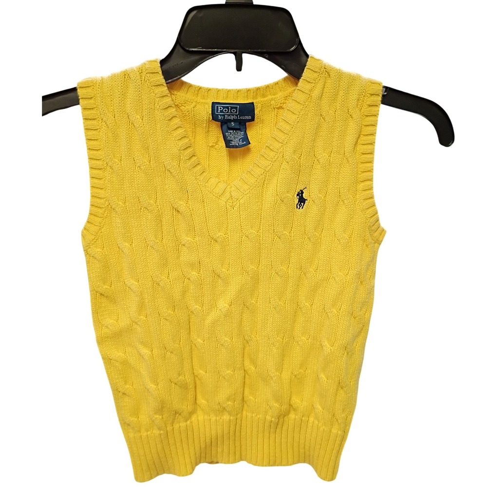 Polo Ralph Lauren Boys Yellow Cable Knit V-Neck Sweater Vest Size 5 Pony Logo
